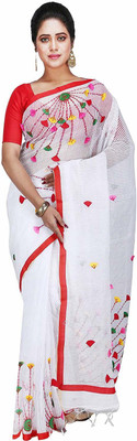 AAHELEE Printed Handloom Handloom Cotton Linen Saree(White)