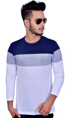 PEAK MOUNT Striped Men Round Neck Dark Blue, White T-Shirt