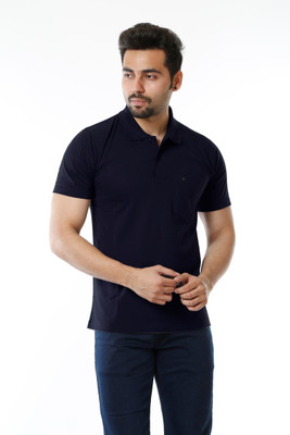 Moudlin Solid Men Polo Neck Dark Blue T-Shirt
