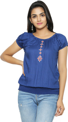 Yash Gallery Casual Short Sleeve Solid Women Blue Top