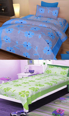shiv textiles 120 TC Polycotton Single Printed Flat Bedsheet(Pack of 2, Green, Blue)