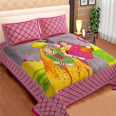 Divy Fusion Fashion Cotton Double Fitted & Flat 120 TC Printed Bedsheet(Pack of 1, Red)