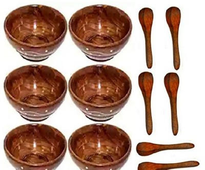 k j traders Wooden Vegetable Bowl Wooden Snack Food Bowl M With Wooden Spoon - Set of 6 Bowl Tray Serving Set(Pack of 6, Brown)