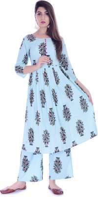 KPF Women Block Print A-line Kurta(Light Blue)