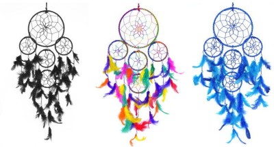 ARTBUG 5 Rings Dream Catcher (Pack of 3) Wall Hanging Decorative Showpiece  -  55 cm(Feather, Steel, Black, Blue, Multicolor)