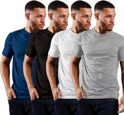 JUST DRESS BETTER Solid Men Round Neck Dark Blue, White, Black, Grey T-Shirt(Pack of 4)