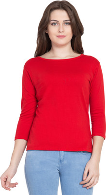 Lesuzaki Solid Women Round Neck Red T-Shirt