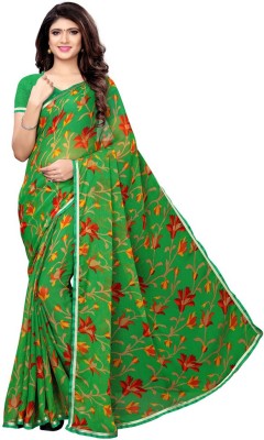 KRENIW Printed, Embellished, Floral Print, Solid/Plain Daily Wear Georgette, Chiffon Saree(Green)