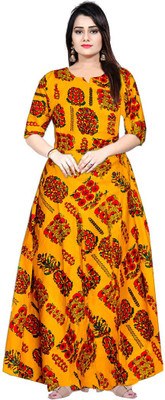 Khushi Print Women Maxi Yellow Full Length Dress