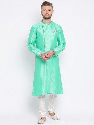Sanwara Men Woven Design Straight Kurta(Green)