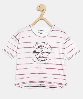 Pepe Jeans Girls Striped Pure Cotton Regular T Shirt(White, Pack of 1)