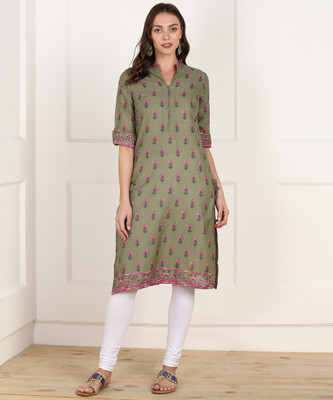 Biba Women Floral Print Straight KurtaGreen