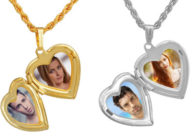 RN Combo Dual tone Plated, Lovely Heart shape Pendant Design, Forever Heart to Close Openable Photo with chain Pendant for Men and Women Gold-plated Brass Pendant Set