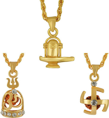 Morvi Combo 24KT Gold Plated brass 1 Mircon, CZ, Lord Mahadev shiva Symbols All in One, Pendant Chain Necklace Men and Women Gold-plated Cubic Zirconia Brass Pendant Set