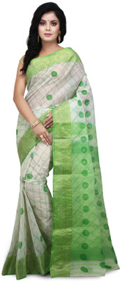 Mystory Self Design Tant Cotton Blend Saree(Green, Grey)