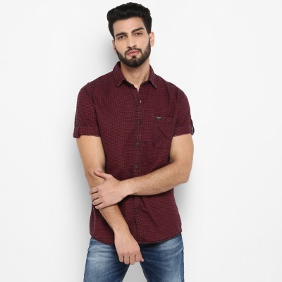 Mufti Men Houndstooth Casual Maroon Shirt