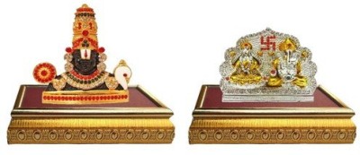9facts Set of 2 with wooden base Lord Venkateswara Thirupathi Balaji Idol God Statue & Goddess lakshmi / Laxmi & Lord Ganesha Idol God Statue Gift Item Decorative Showpiece Decorative Showpiece  -  9 cm(Brass, Multicolor)