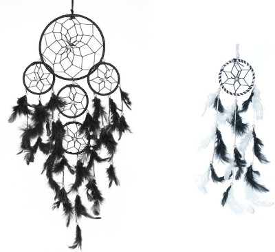 ARTBUG Dream Catcher 5 Rounds Wall Hanging (Pack of 2) for Positive Energy and Protection Decorative Showpiece  -  55 cm(Feather, Steel, Black)