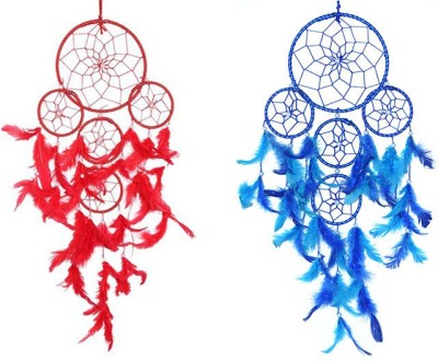 ARTBUG 5 Rings Dream Catcher Wall Hanging for Positive Energy Decorative Showpiece  -  55 cm(Feather, Steel, Blue, Red)