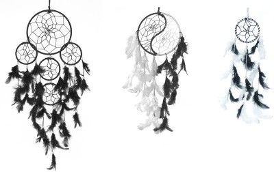 ARTBUG Dream Catcher 5 Rounds and Ying Yang Wall Hanging (Pack of 3) Decorative Showpiece  -  55 cm(Feather, Steel, Black, White)