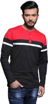 FASHNET Striped Men Henley Neck Red, White, Black T-Shirt