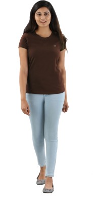 TWIN BIRDS Solid Women Round Neck Brown T-Shirt