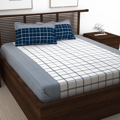 Story@home 152 TC Cotton King Checkered Flat Bedsheet(Pack of 1, White, Blue)