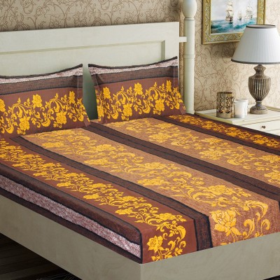 Home Candy 104 TC Cotton Double Floral Flat Bedsheet(Pack of 1, Yellow)