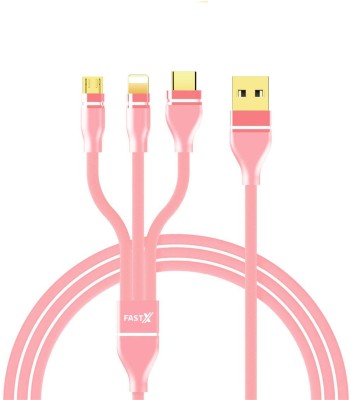 FASTX Micro USB Cable 2 A 1 m 3 in 1 Cable Nylon Braided with Fast Charging Multi Charge Option(Compatible with Iphone, Android, Type C, Pink, One Cable)