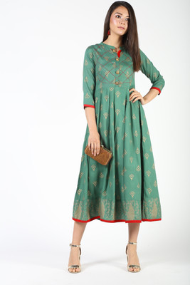 Stylum Women Printed Flared Kurta(Green)