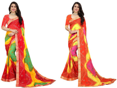 Kanooda Prints Printed Bandhani Georgette Saree(Pack of 2, Multicolor)
