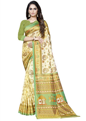 Ratnavati Printed Bollywood Silk Blend, Dupion Silk Saree(Green, Cream)