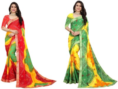 Kanooda Prints Printed Bandhani Georgette Saree(Pack of 2, Multicolor)