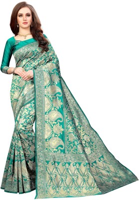 jashvicreation Self Design Banarasi Silk Blend, Cotton Silk Saree(Green)