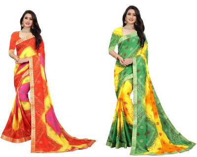 Kanooda Prints Printed Bandhani Georgette Saree(Pack of 2, Multicolor)