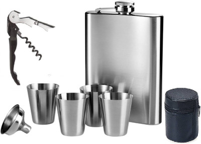 Protos India.Net Hip Flask Wine Bottle Opener Funnel Peg Measurer Shot Glasses 8 - Piece Bar Set(Stainless Steel)