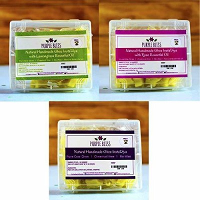 PurpleBliss Organic Ghee Diyas (10 cm x 6 cm x 4 cm, Yellow, Pack of 90 + 3 Steel Diyas, Regular+Rose+Lemongrass) Candle(Multicolor, Pack of 3)