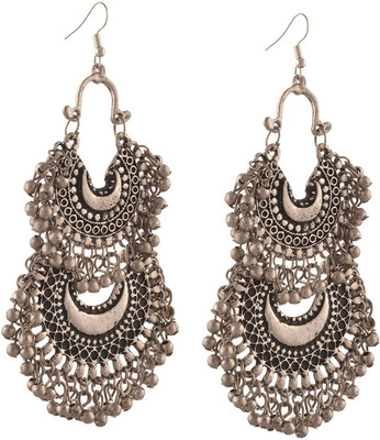 URBANELA Latest Design Oxidized Silver Afghani Tribal Dangler Hook Chandbali Earrings for Girls and Women German Silver Chandbali Earring