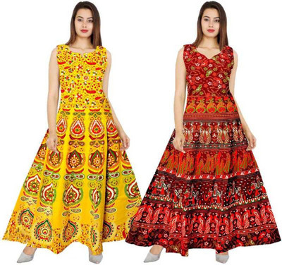 Kuber taxtile Flared/A-line Gown(Red, Yellow)
