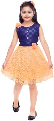 BNB creations Girls Midi/Knee Length Party Dress(Orange, Sleeveless)