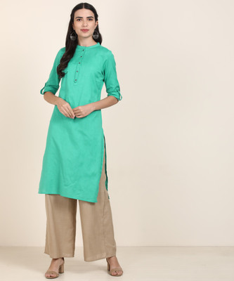 W Women Solid Straight Kurta(Blue)