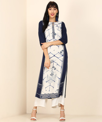 W Women Printed Straight Kurta(Dark Blue, White)