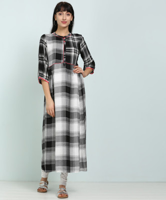 Aurelia Women Checkered A-line Kurta(White, Black)