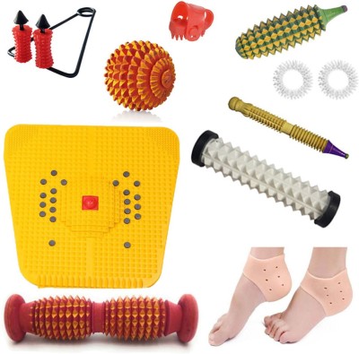 Accufit AG43 Acupressure Massager Tools Combo Kit with Multipurpose Roller Massager (Pyramidal cuts) + Bio-Magnetic Power Foot Mat (Magneto-Therapy) for Stress and Pain Relief + Silicone Gel Anti Crack Heel Pad Socks 1 Pair Massager(Multicolor)