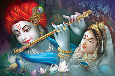 Masstone Radha Krishna Sparkle Coated Self Adhesive Painting Without Frame Digital Reprint 24 inch x 36 inch Painting(Without Frame)