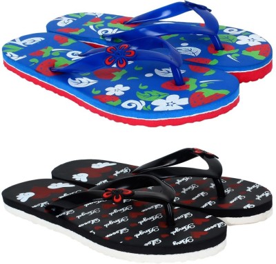 SIDEWOK Women Flip Flops(Black, Blue , 5)