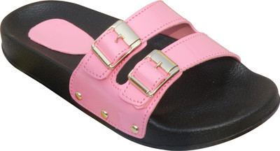 LooksFootwear Women Casual Beach Slides(Pink, Black , 41)