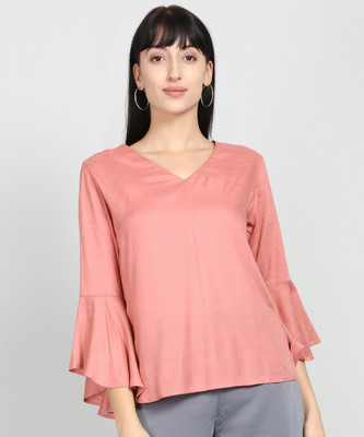 Tokyo Talkies Casual Flared Sleeve Solid Women Pink Top