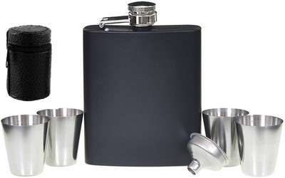Protos India.Net Black Matt Hip Flask Funnel Shot Glasses 7 - Piece Bar Set(Stainless Steel)
