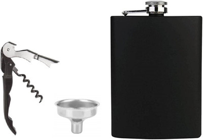 Protos India.Net Black Matt Hip Flask Funnel Wine Bottle Opener 3 - Piece Bar Set(Stainless Steel)